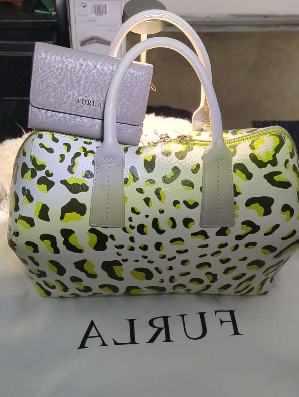 Furla White & Green Leopard Print Satchel - Picture 4 of 16